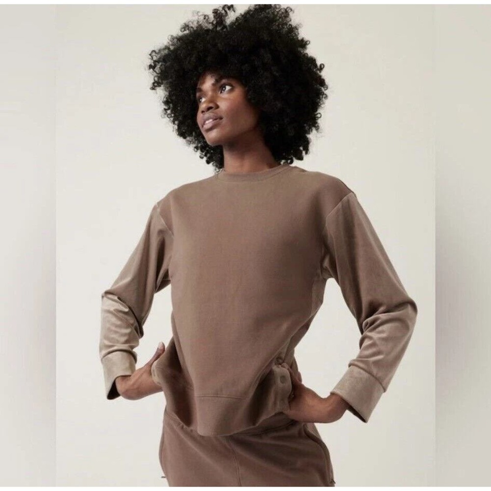 Athleta Retroplush Velvet Crewneck Sweatshirt Brown Lg Athleisure